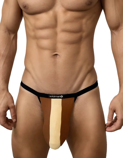 Black and tan cotton micro thong with beige stripe and wildman logo on waistband for men by wildmant big boy pouch