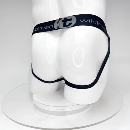 Black elastic waistband briefs with silver wildman logo and brand name printed on band wildmant big boy pouch jockstrap black