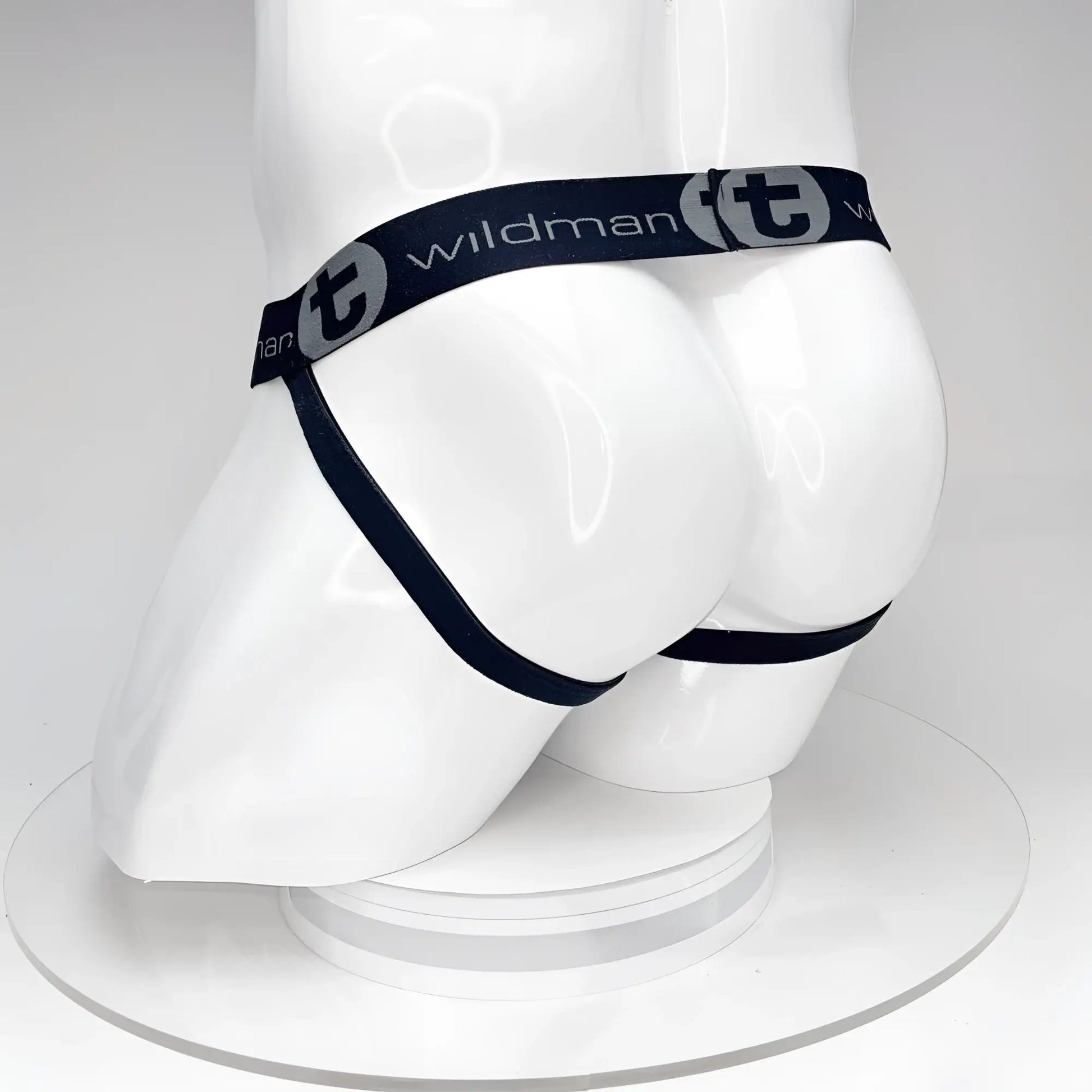 Black elastic waistband briefs with wildman branding and a stylized t logo from wildmant big boy pouch jockstrap black