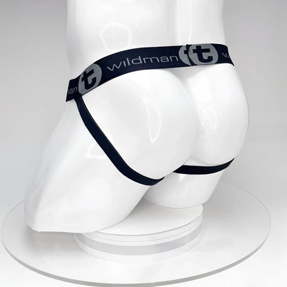 Black elastic waistband briefs with wildman branding and a stylized t logo from wildmant big boy pouch jockstrap black
