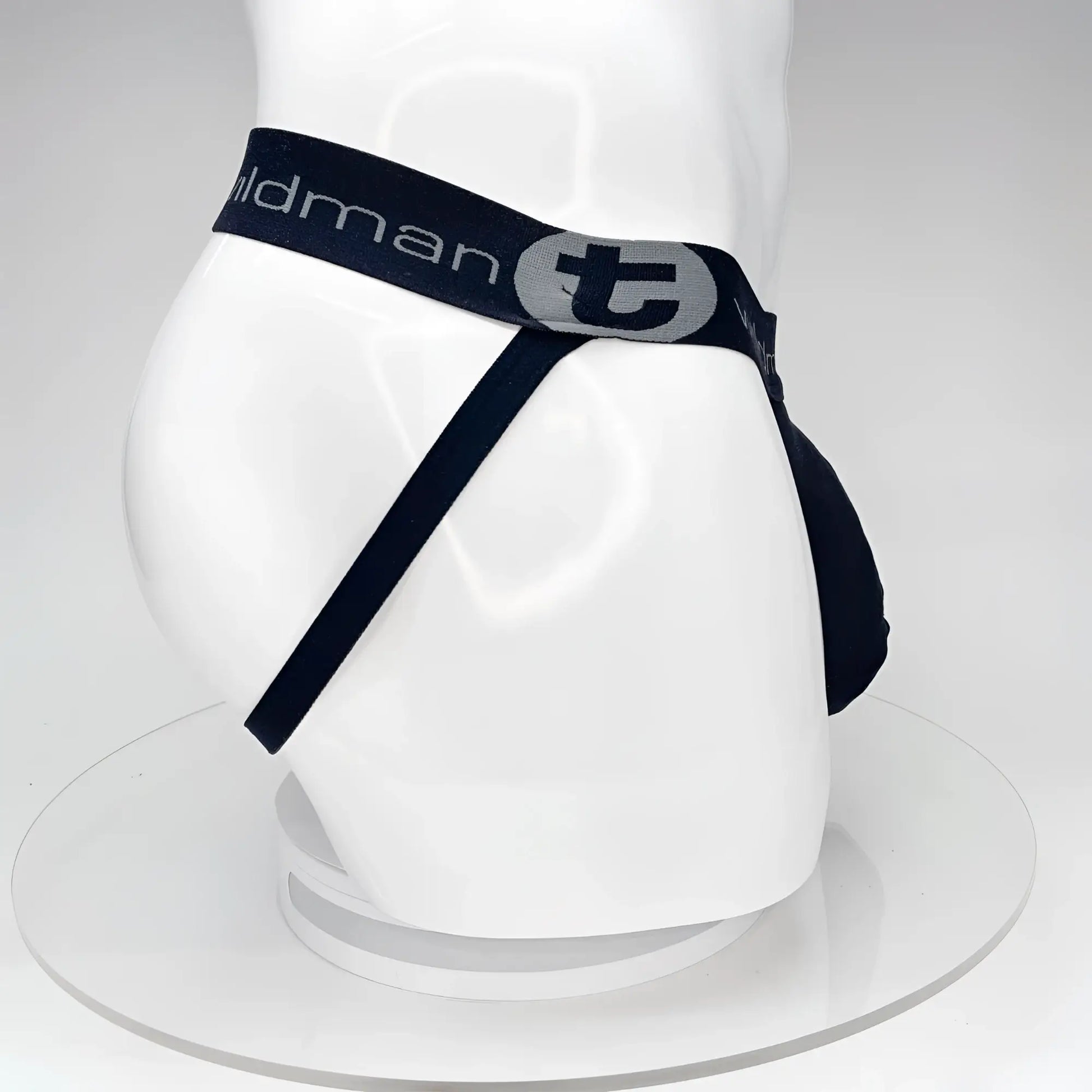 Black wildman t big boy pouch jockstrap briefs with navy waistband featuring tildman logo and stylized t emblem