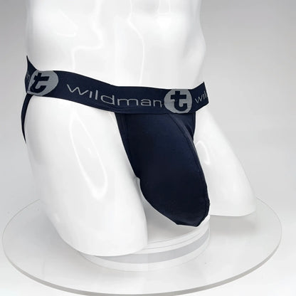 WildmanT big boy pouch jockstrap in navy blue with gray logo waistband detailing for active support