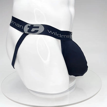 Navy blue wildman brand big boy pouch jockstrap with elastic waistband and logo detailing in black material