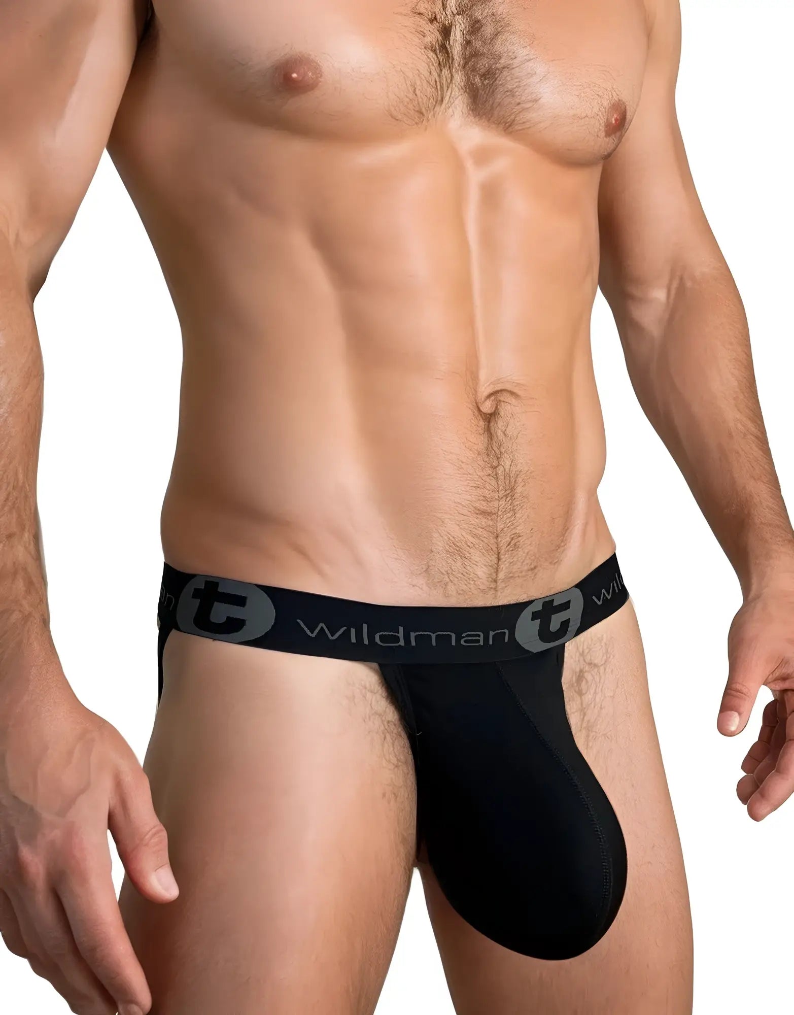 Black wildman brand wildmant big boy pouch jockstrap with contoured design and elastic waistband, front view