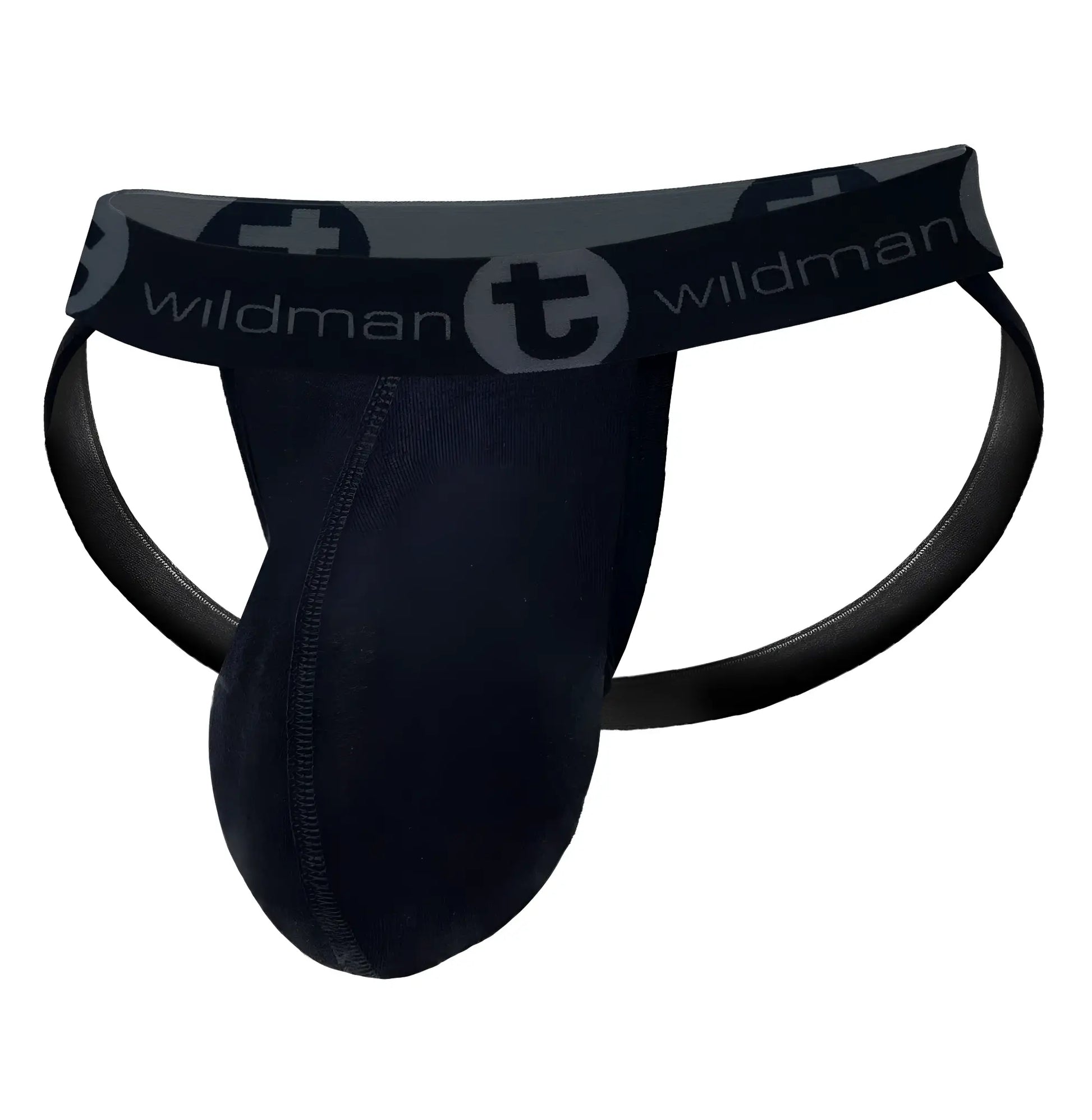 Black wildman big boy pouch jockstrap with contoured design and elastic waistband featuring t logo