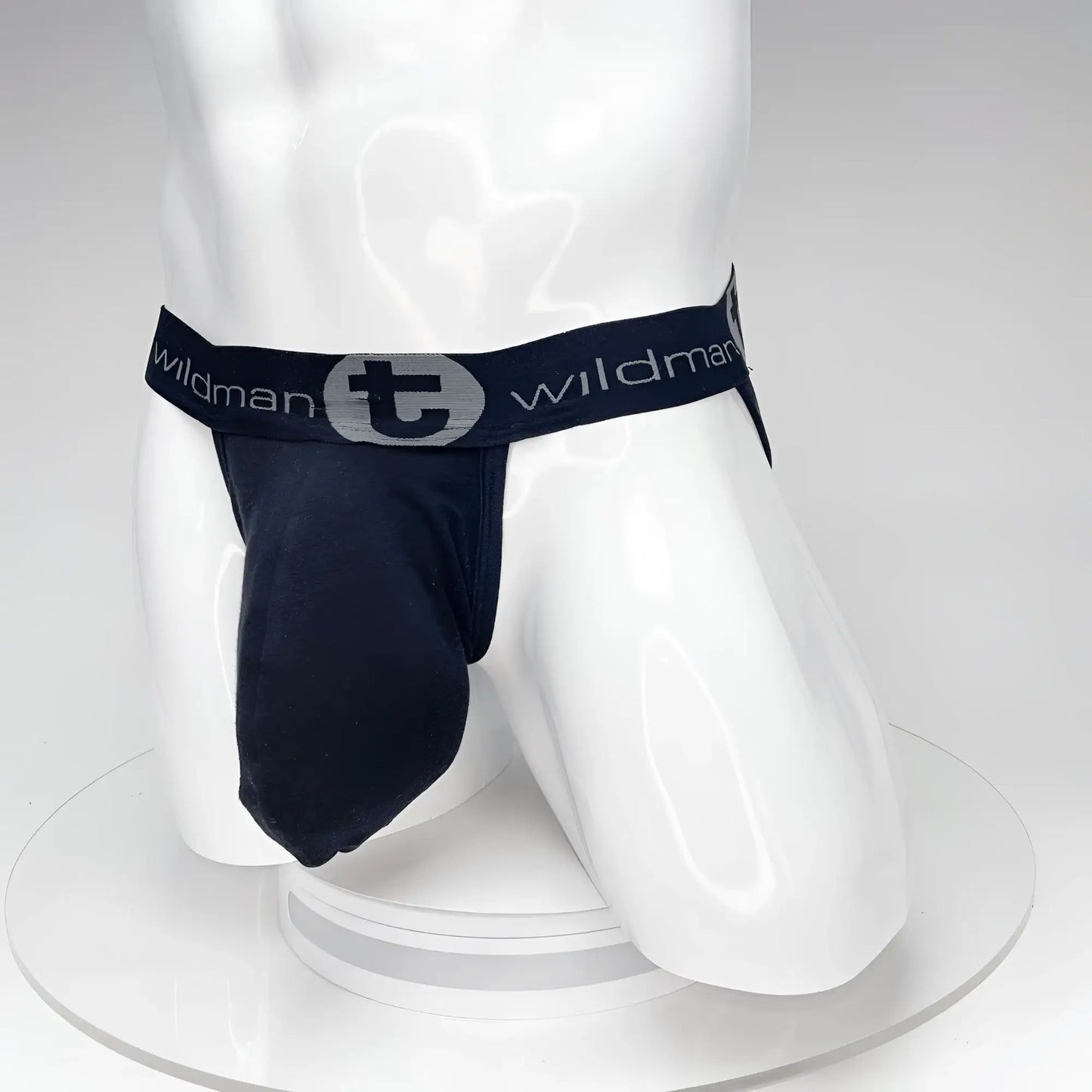 WildmanT Big Boy pouch jockstrap in black with gray logo and elastic waistband by Black wildman brand
