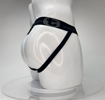 Wildmant big boy pouch jockstrap white featuring a black elastic waistband with gray wild logo worn by white mannequin