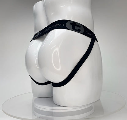 Black elastic waistband briefs with wildman branding displayed on white mannequin from wildmant big boy pouch jockstrap white