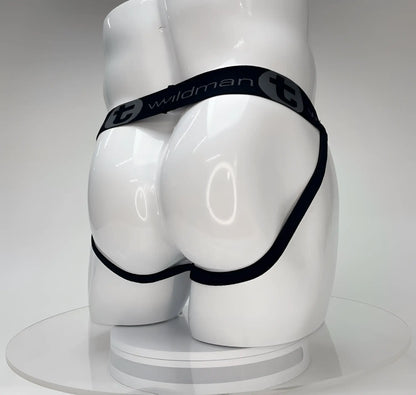 Wildmant big boy pouch jockstrap white with black elastic waistband and wildman branding on a white mannequin