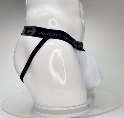 WildmanT big boy pouch jockstrap white with black elastic waistband featuring wildman branding on white mannequin