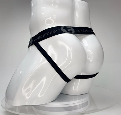 Wildmant big boy pouch jockstrap white with black elastic waistband and wildman branding worn by white mannequin