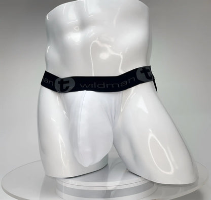 White WildmanT Big Boy pouch jockstrap on a mannequin, featuring a black waistband with WildmanT logo branding.