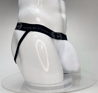 Wildmant big boy pouch jockstrap white briefs with black elastic waistband and wildman logo for support and comfort
