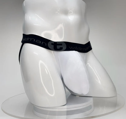White wildman briefs with black elastic waistband featuring wildman logo and stylized t in wildmant big boy pouch jockstrap white