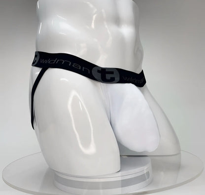 Wildmant big boy pouch jockstrap briefs in white with black elastic waistband featuring wildman logo and stylized t emblem