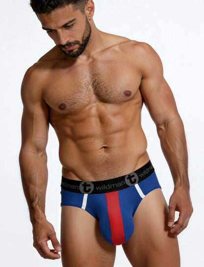 Model wearing a Royal blue, red, and white mesh pouch brief with a black branded waistband on a white background.