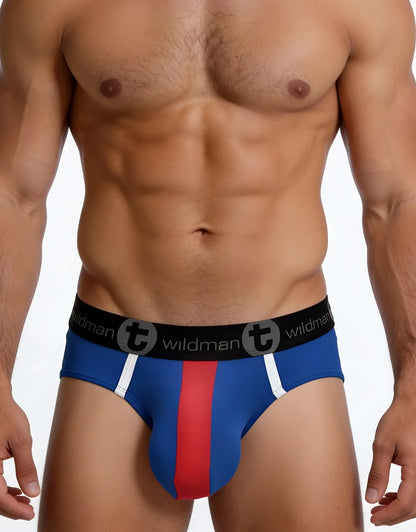 Royal blue mesh brief with red center stripe, white accents, and black waistband featuring the "wildman" logo.