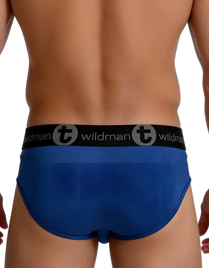 Back view of royal blue mesh brief with a black branded waistband featuring the Wildman logo.