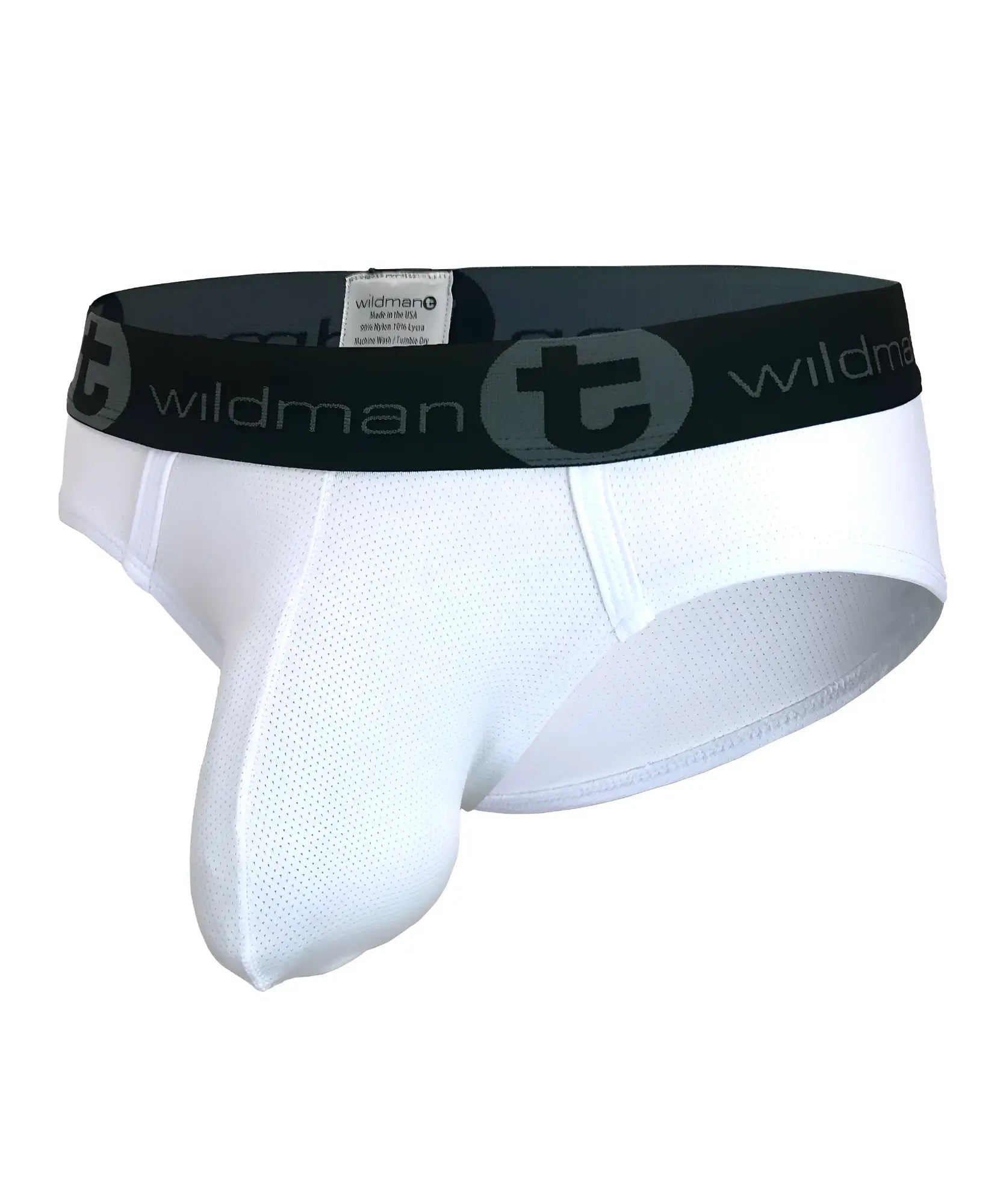 White mesh brief with a prominent pouch, featuring a black elastic waistband with "WildmanT" logo branding.