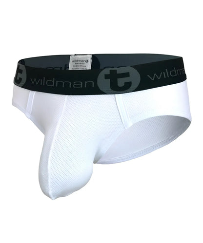 White mesh brief with a prominent pouch, featuring a black elastic waistband with "WildmanT" logo branding.