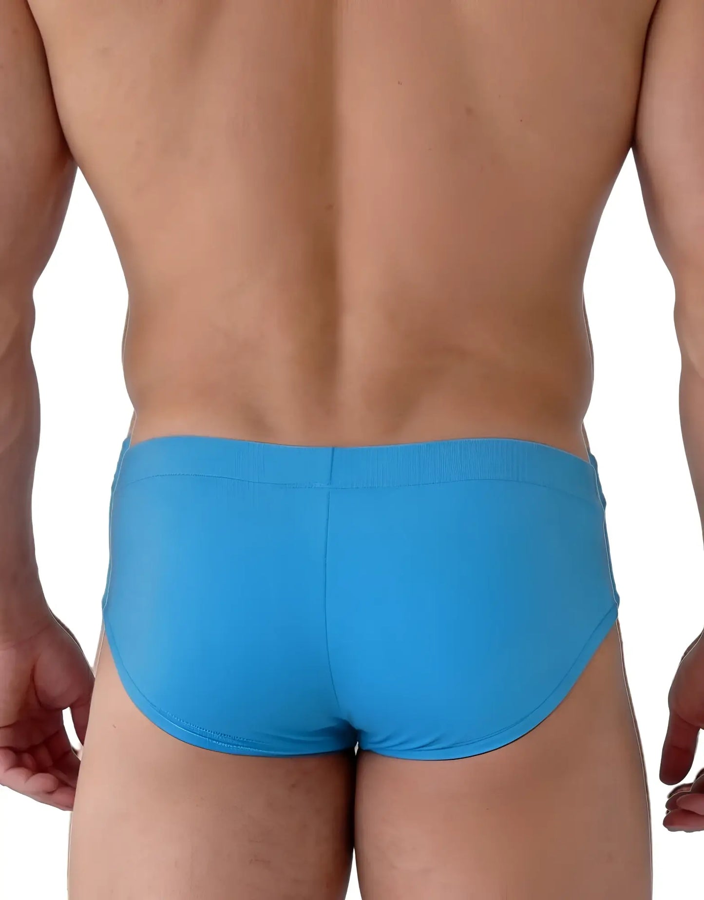 Back view of a person wearing bright blue Big Boy Pouch modal briefs with a wide waistband, isolated on white.