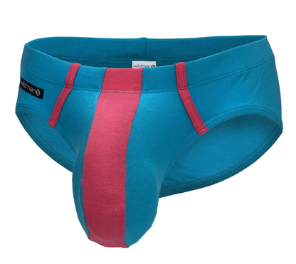 Baby blue modal briefs with a pink front pouch and pink accent stripes, featuring a Wildman logo tag.