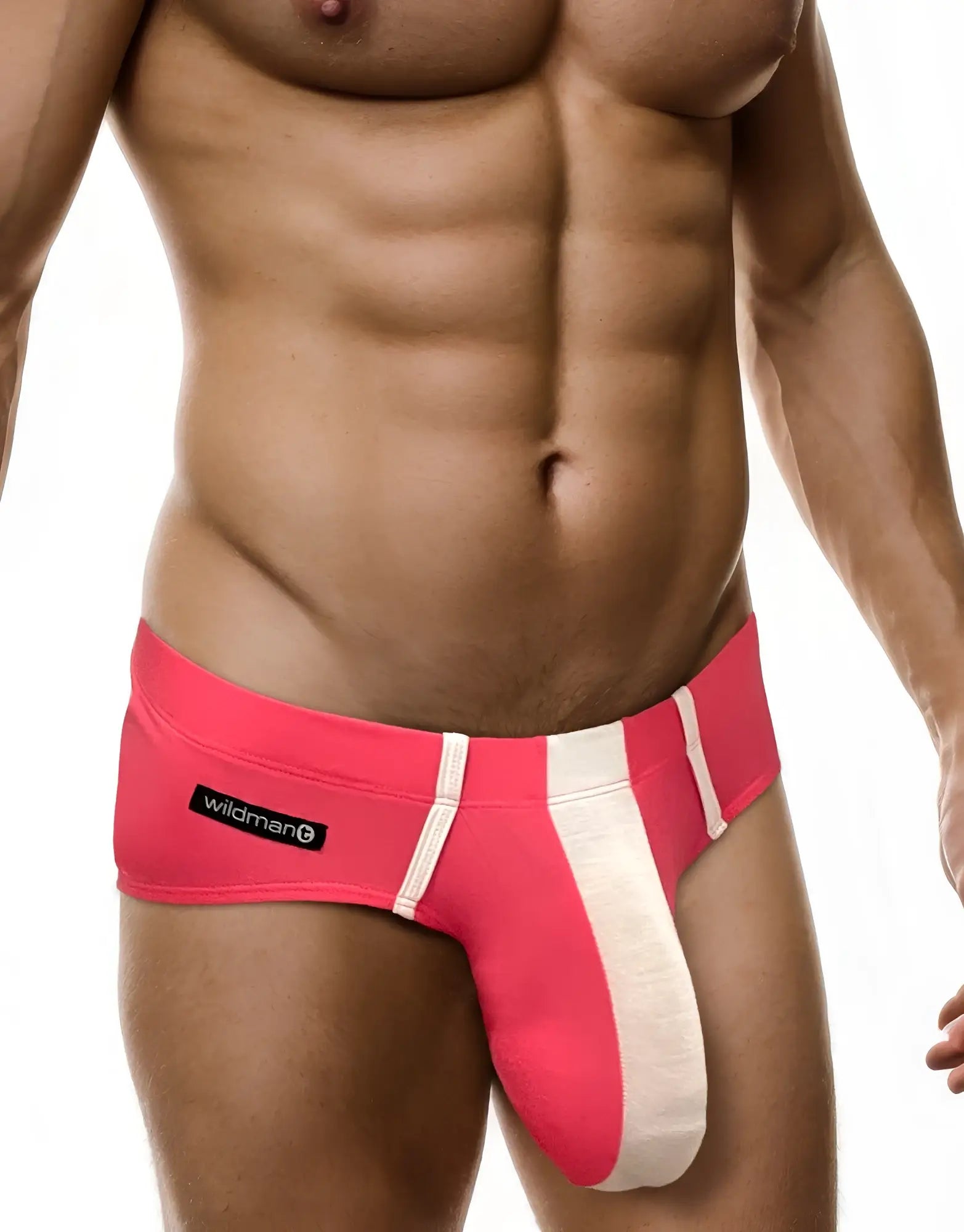 Pink and white modal briefs with a prominent pouch, side straps, and a Wildmant logo tag on the hip.