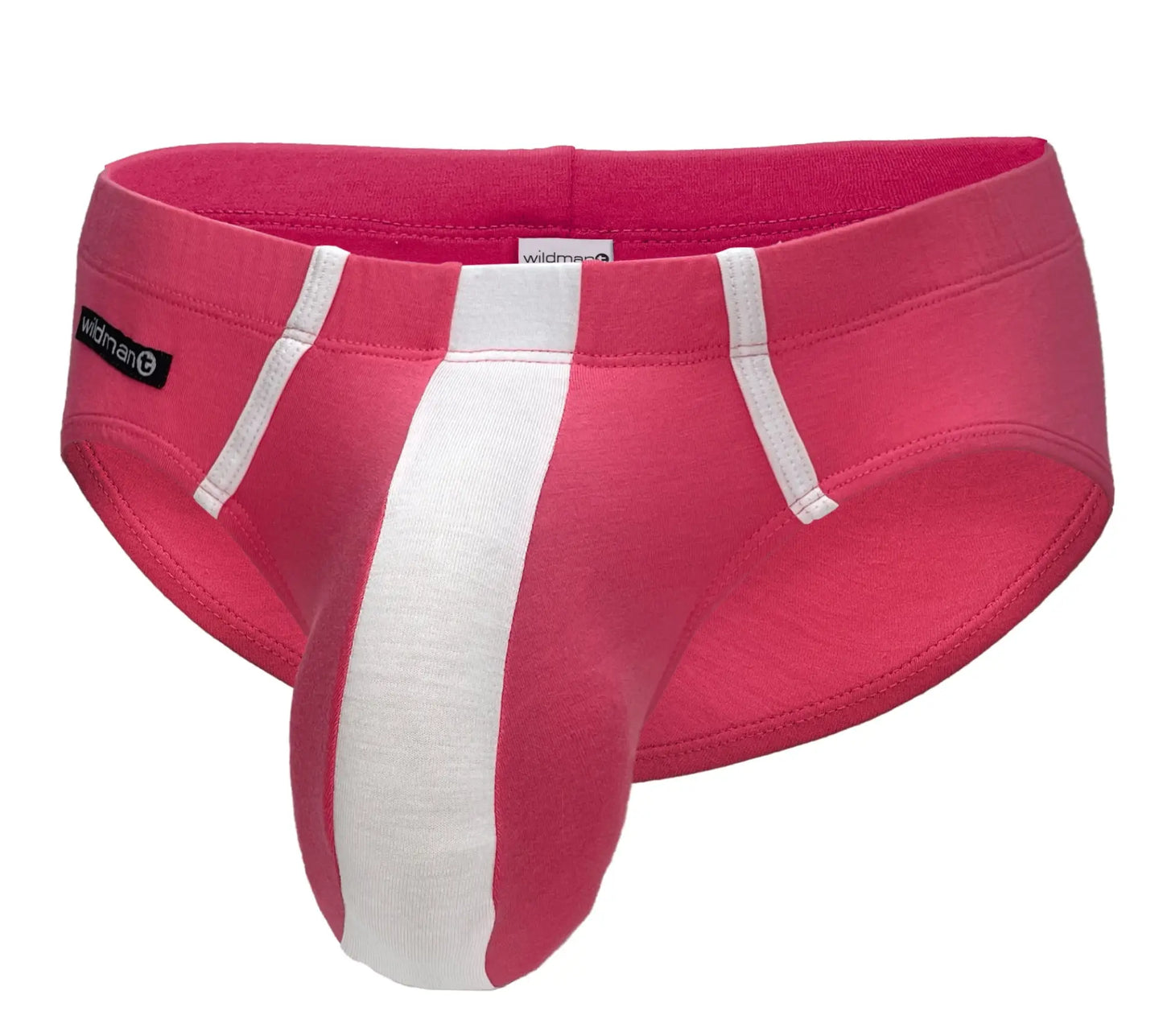 Pink and white modal briefs featuring a prominent front pouch, contrast white vertical striping, and a side logo tag.