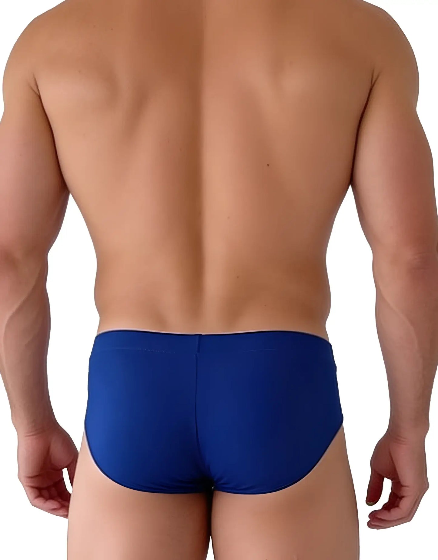 Back view of a muscular man wearing solid royal blue Big Boy Pouch modal brief underwear.
