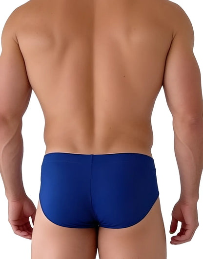 Back view of a muscular man wearing solid royal blue Big Boy Pouch modal brief underwear.