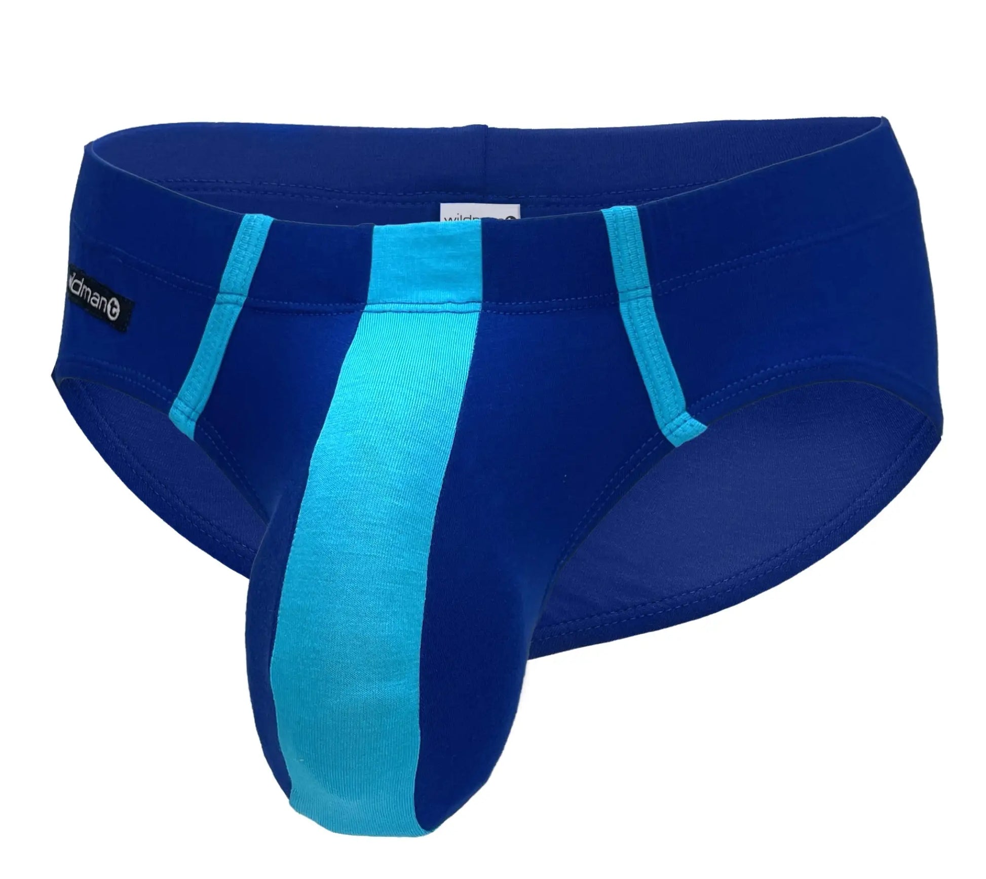 Royal blue modal briefs with a prominent baby blue center pouch and matching trim accents.