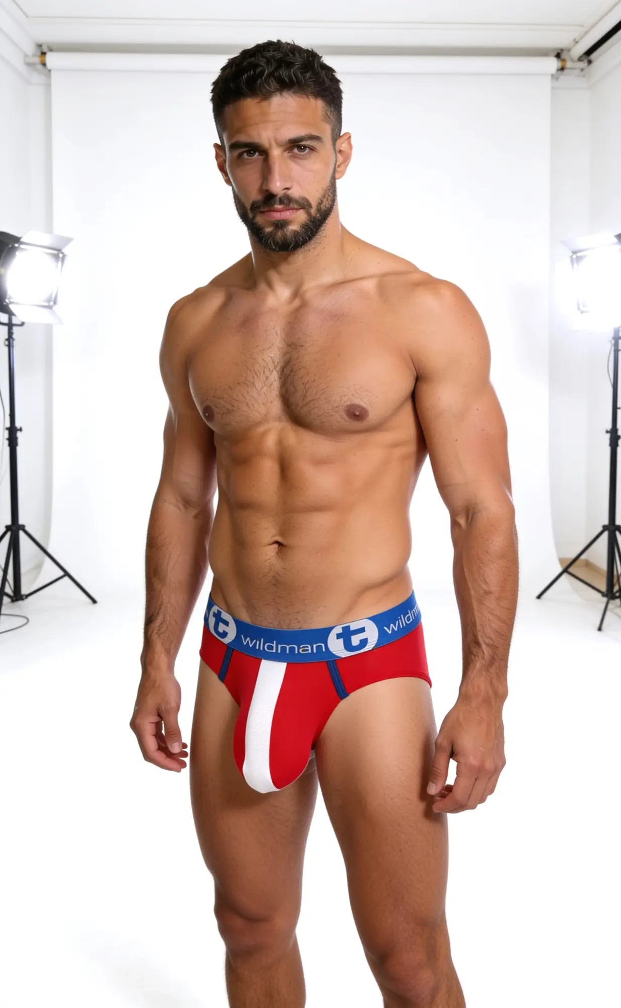 WildmanT Big Boy Pouch red, white, and blue mesh briefs on a male model, front view.