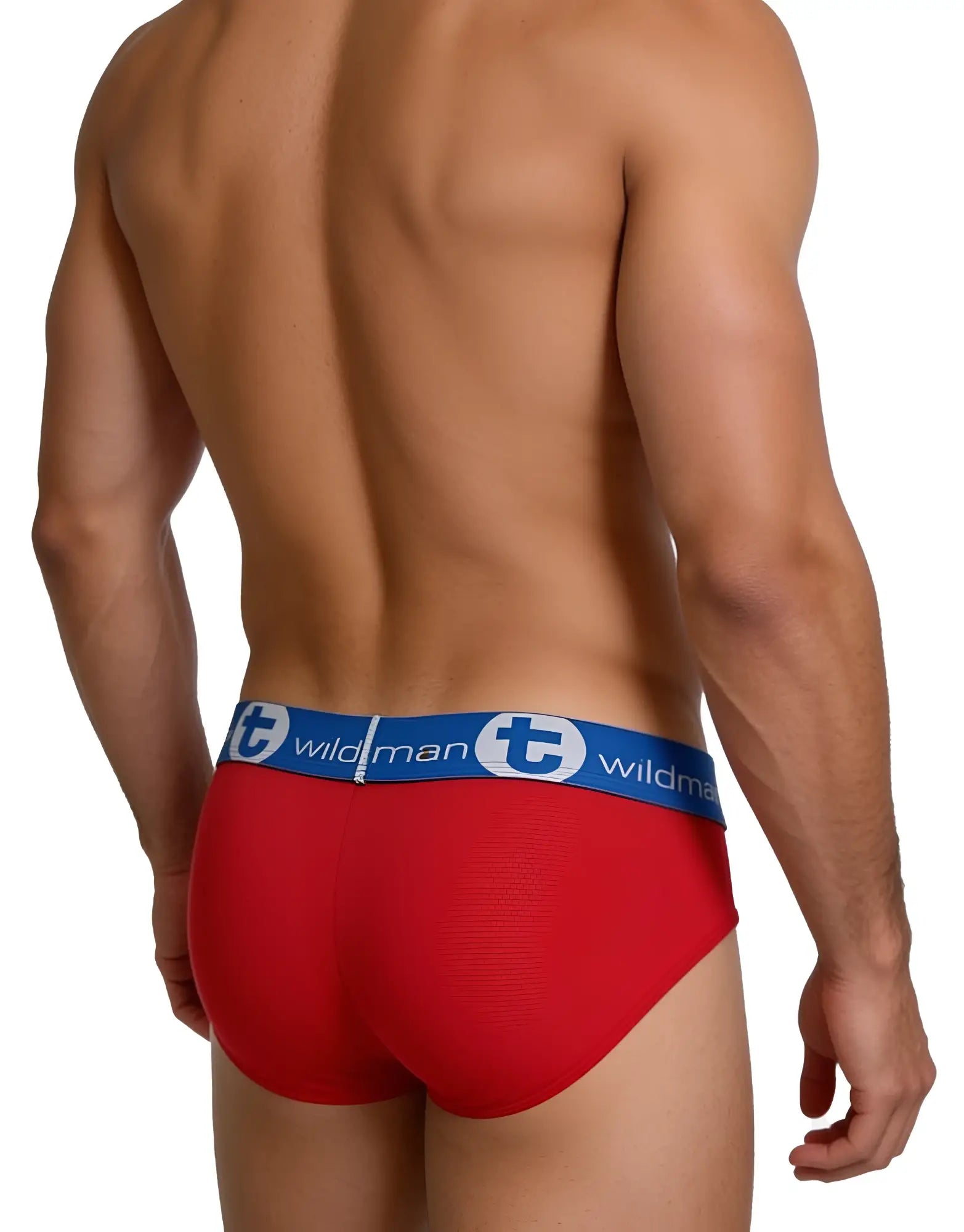 Back view of WildmanT red and blue mesh Big Boy Pouch briefs on a male model.