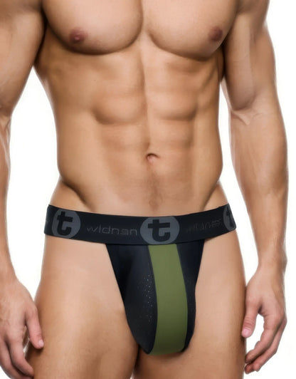 Black and olive green WildmanT big boy pouch rubber cotton jockstrap with mesh panel and wildman logo waistband