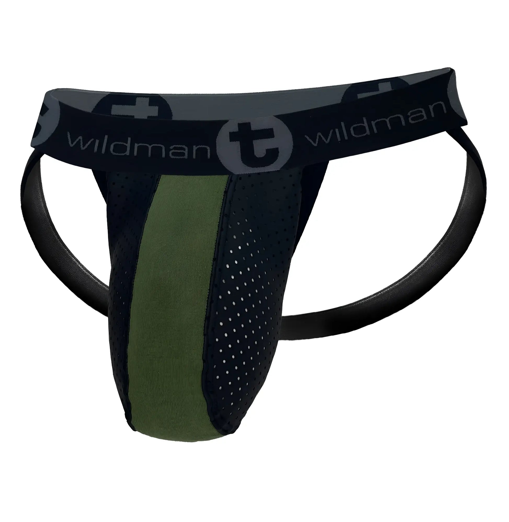 Black and olive green WildmanT big boy pouch jockstrap with perforated side panel and rubber cotton material