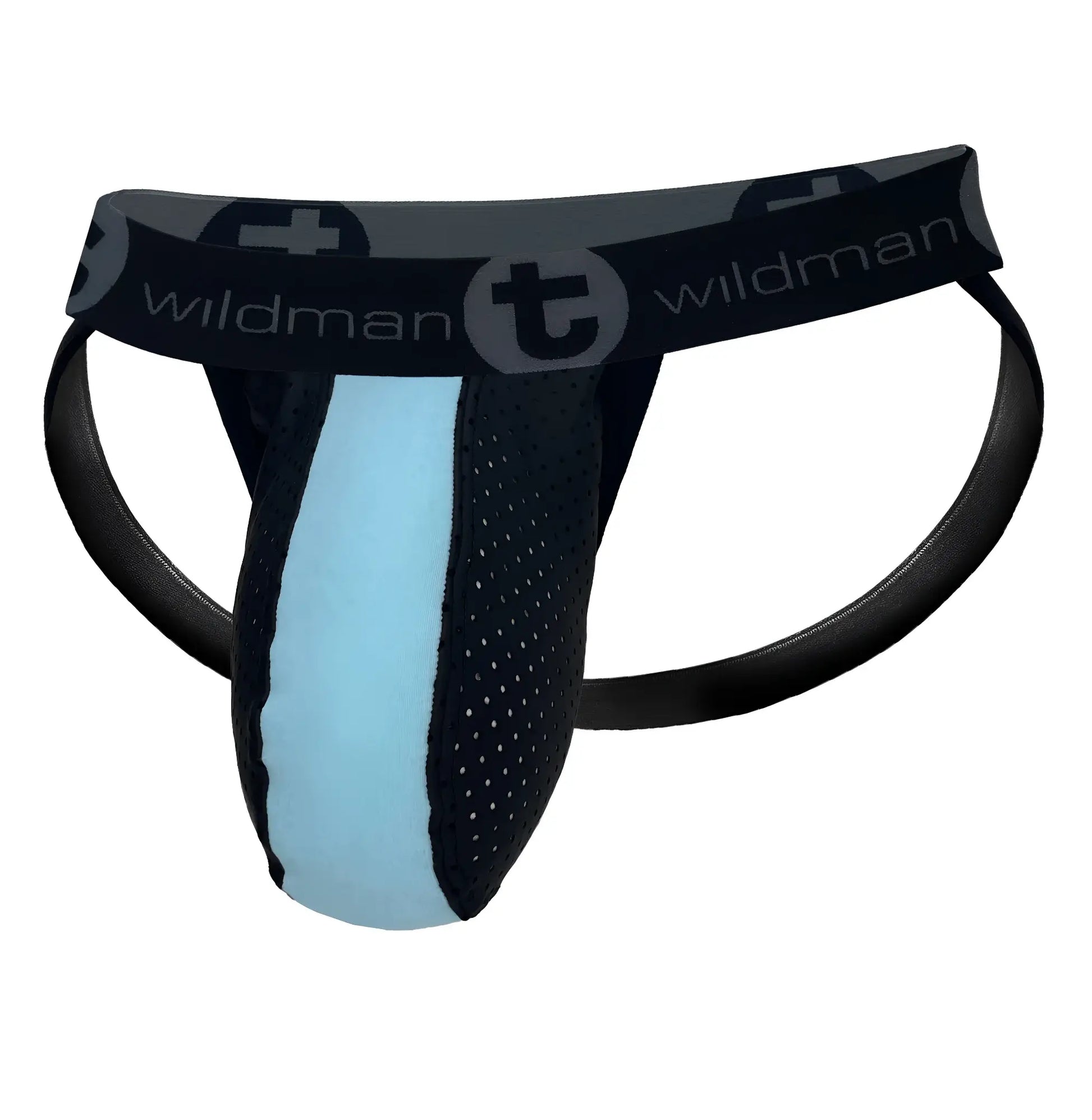 Wildmant big boy pouch rubber cotton jockstrap in black and baby blue mesh with branded waistband
