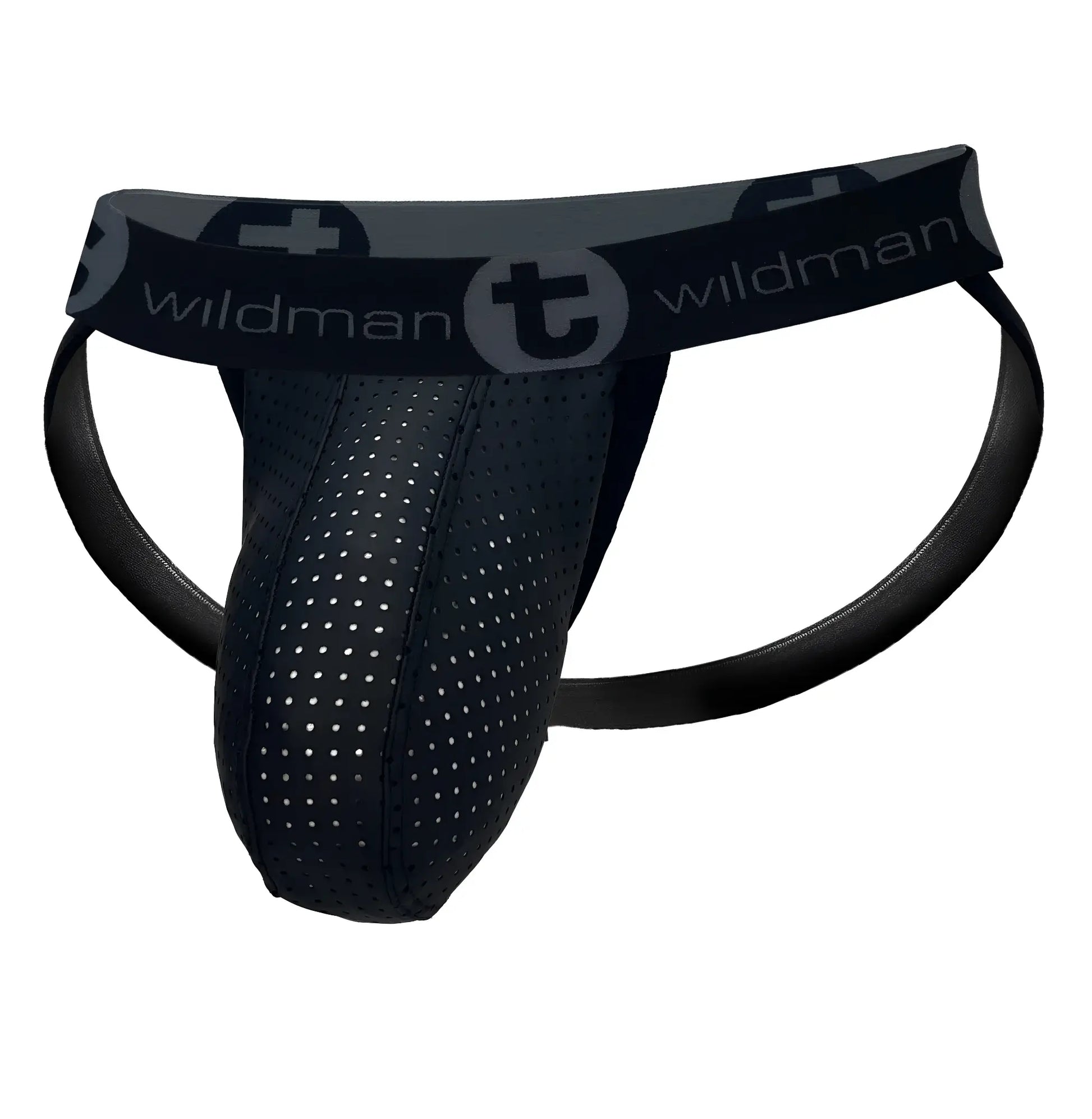 Black perforated wildmant big boy pouch jockstrap with branded waistband in rubber and cotton blend