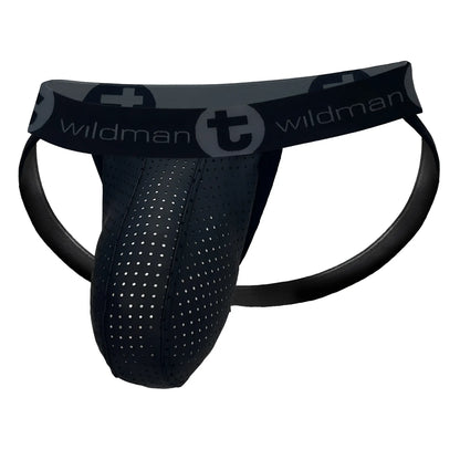 Black perforated wildmant big boy pouch jockstrap with branded waistband in rubber and cotton blend