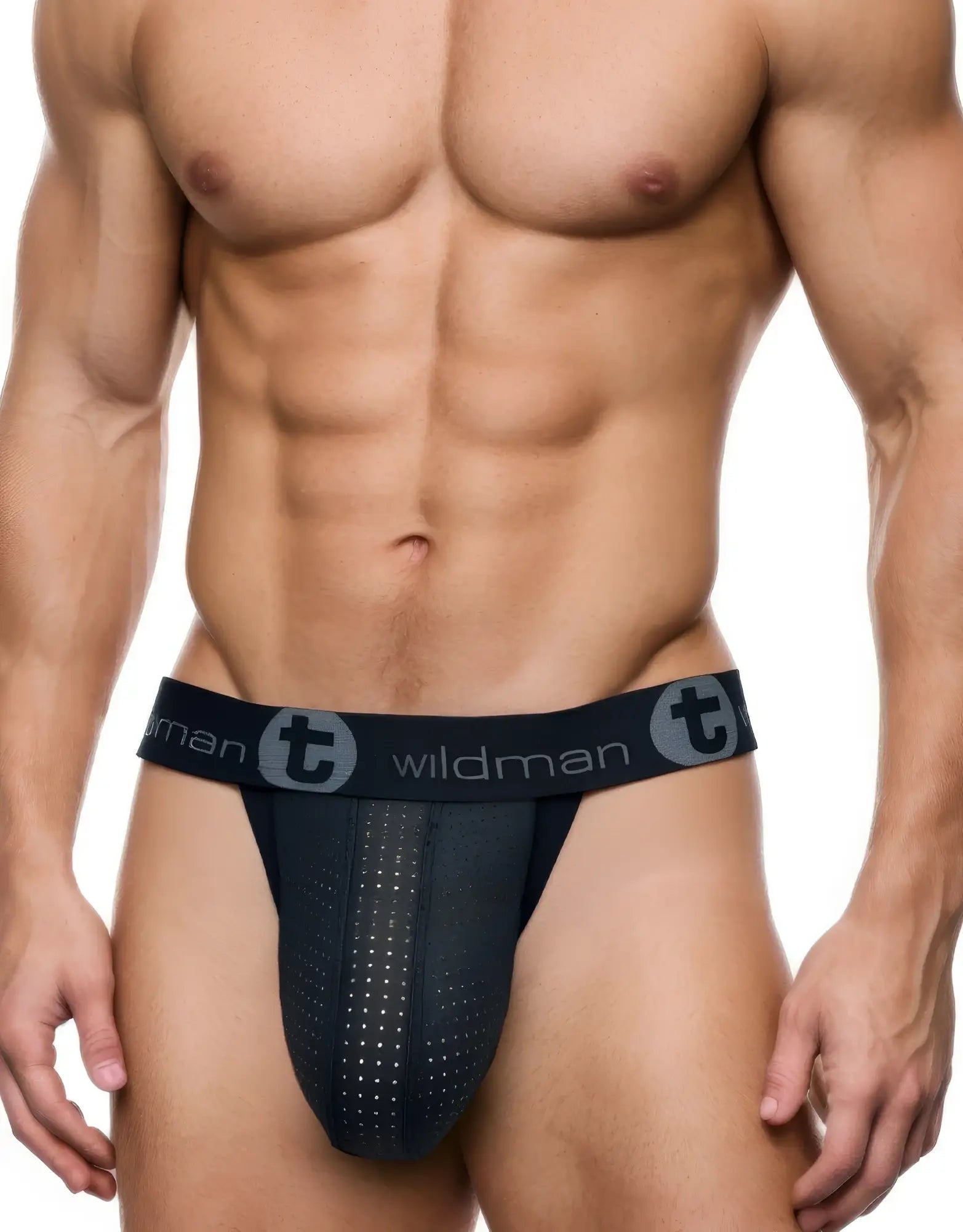 Black wildman wildmant big boy pouch rubber cotton jockstrap with perforated mesh and elastic waistband