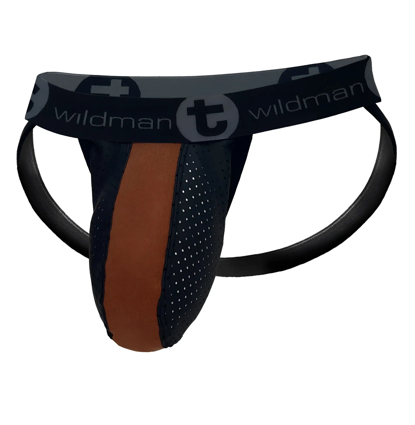 Black and brown wildman athletic briefs with perforated mesh and rubber cotton material in big boy pouch design