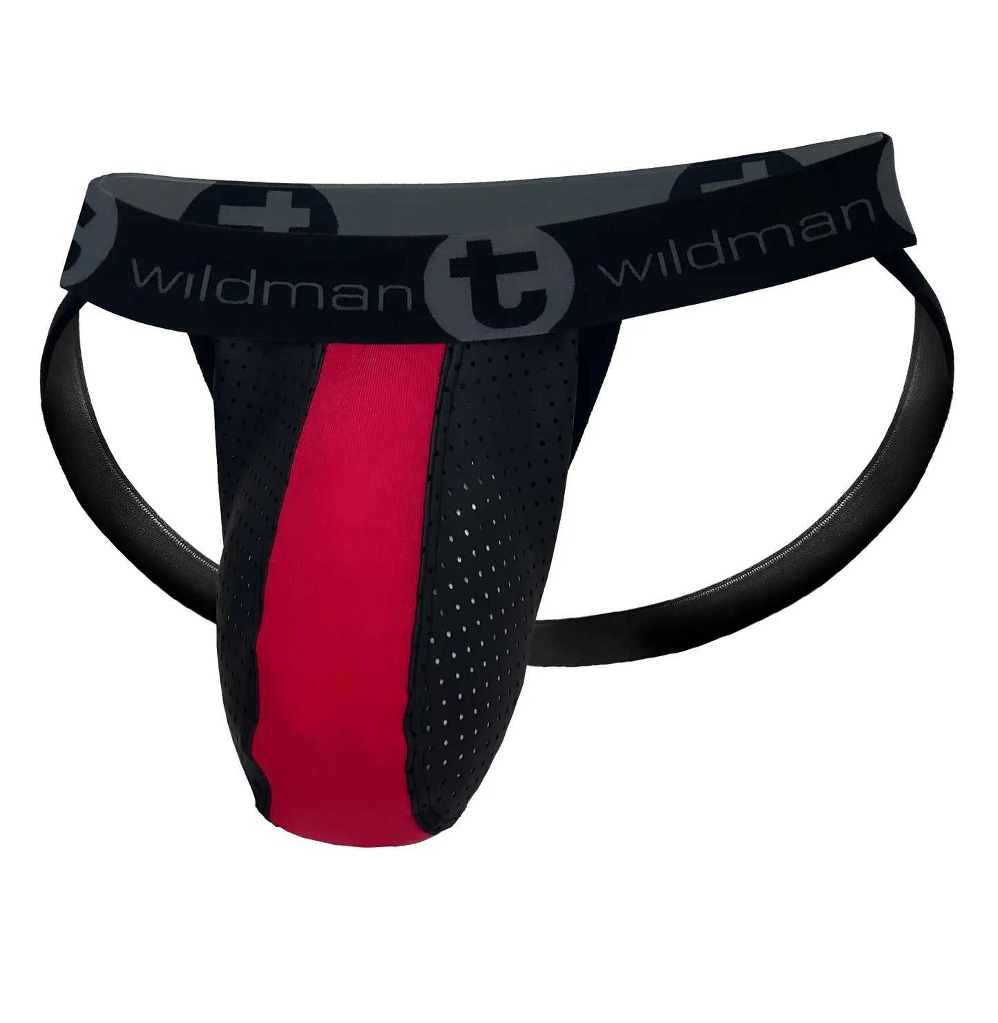 WildmanT jockstrap with a black perforated pouch, red center stripe, and black branded waistband.