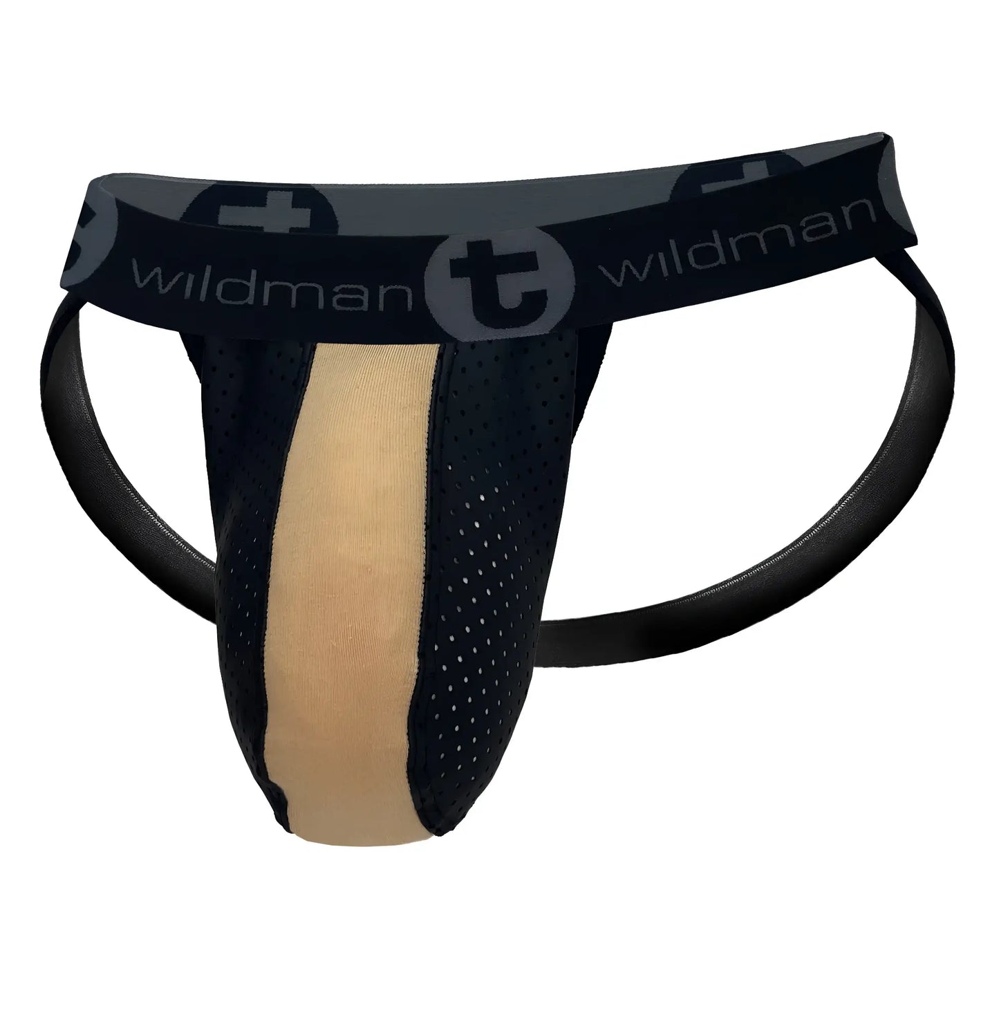 Black and beige wildman athletic briefs with perforated design and rubber cotton material in a pouch style