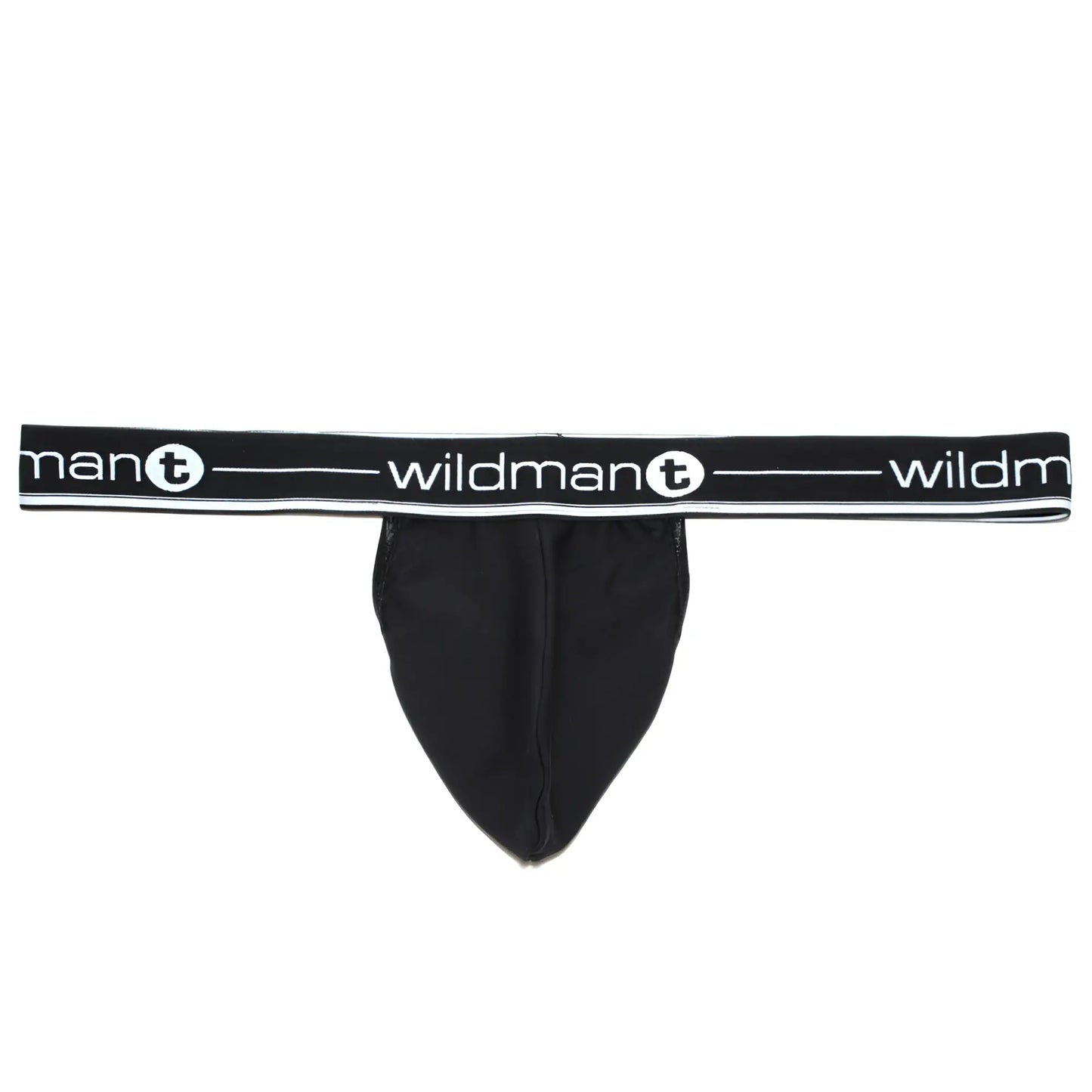 Black mens thong with wide elastic waistband featuring white wildman t logo and circular design in black color