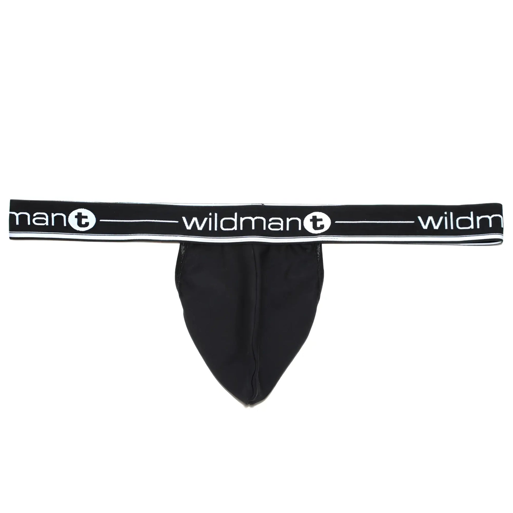 Black mens thong with wide elastic waistband featuring white wildman t logo and circular design in black color