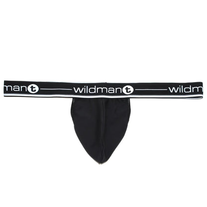 Black mens thong with wide elastic waistband featuring white wildman t logo and circular design in black color