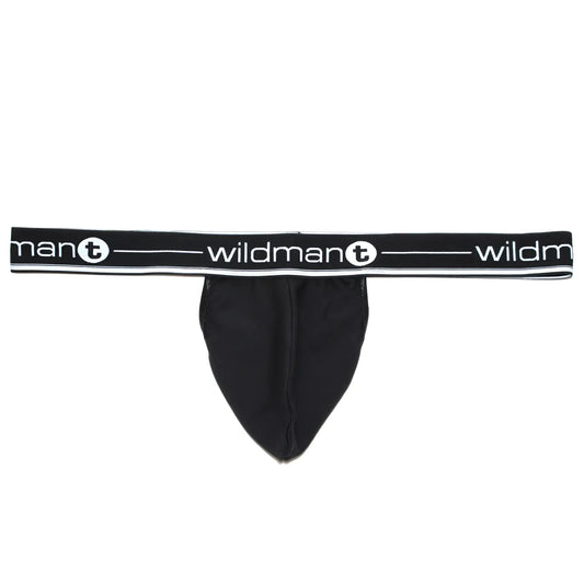 Black mens thong with wide elastic waistband featuring white wildman t logo and circular design in black color