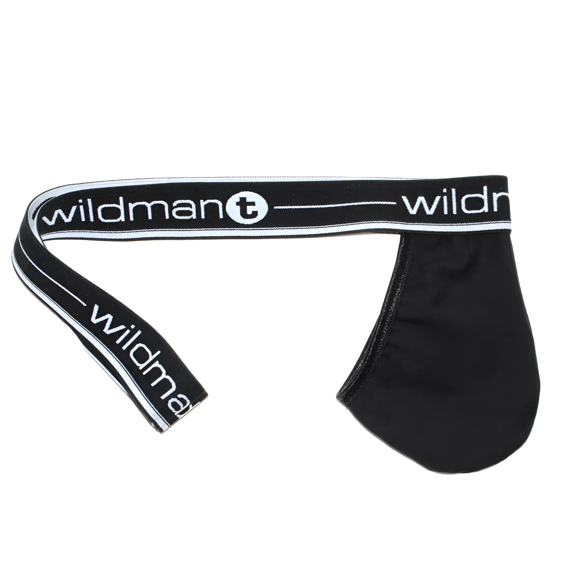 Black WildmanT big boy pouch strapless jock briefs with white lettering and trim showing the front side