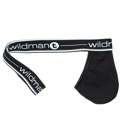 Black WildmanT big boy pouch strapless jock briefs with white lettering and trim showing the front side