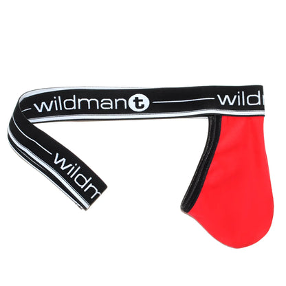 Red strapless jockstrap with a large pouch and a black waistband featuring white "wildmant" branding.