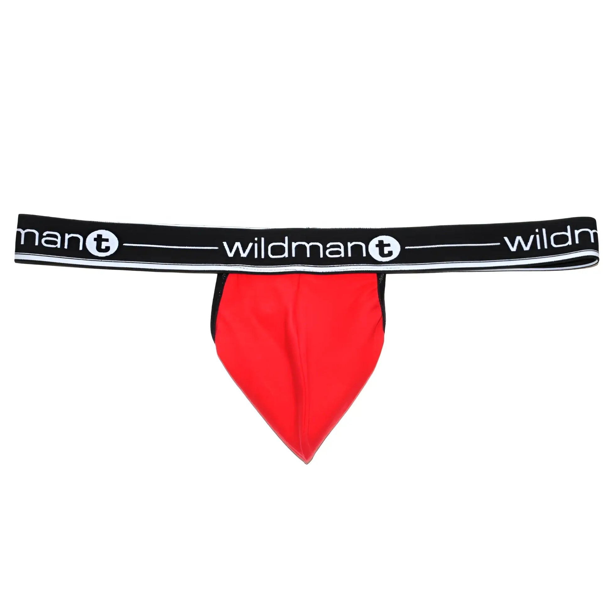 Red wildman t-shirt briefs with a black elastic waistband featuring white branding from wildmant big boy pouch strapless jock red